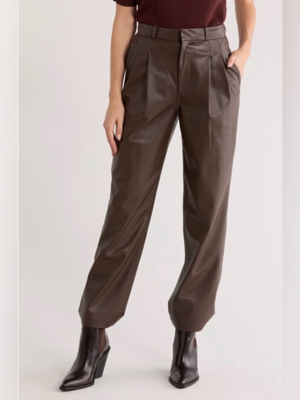 AG Brown Leather-Look Pleated Trousers